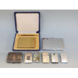 A hallmarked silver cigarette case, weight 56g, four various lighters, Margate match safe,