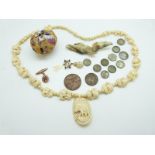 A 9ct gold cufflink (2.5g), bone necklace, filigree and enamel egg, coins etc.