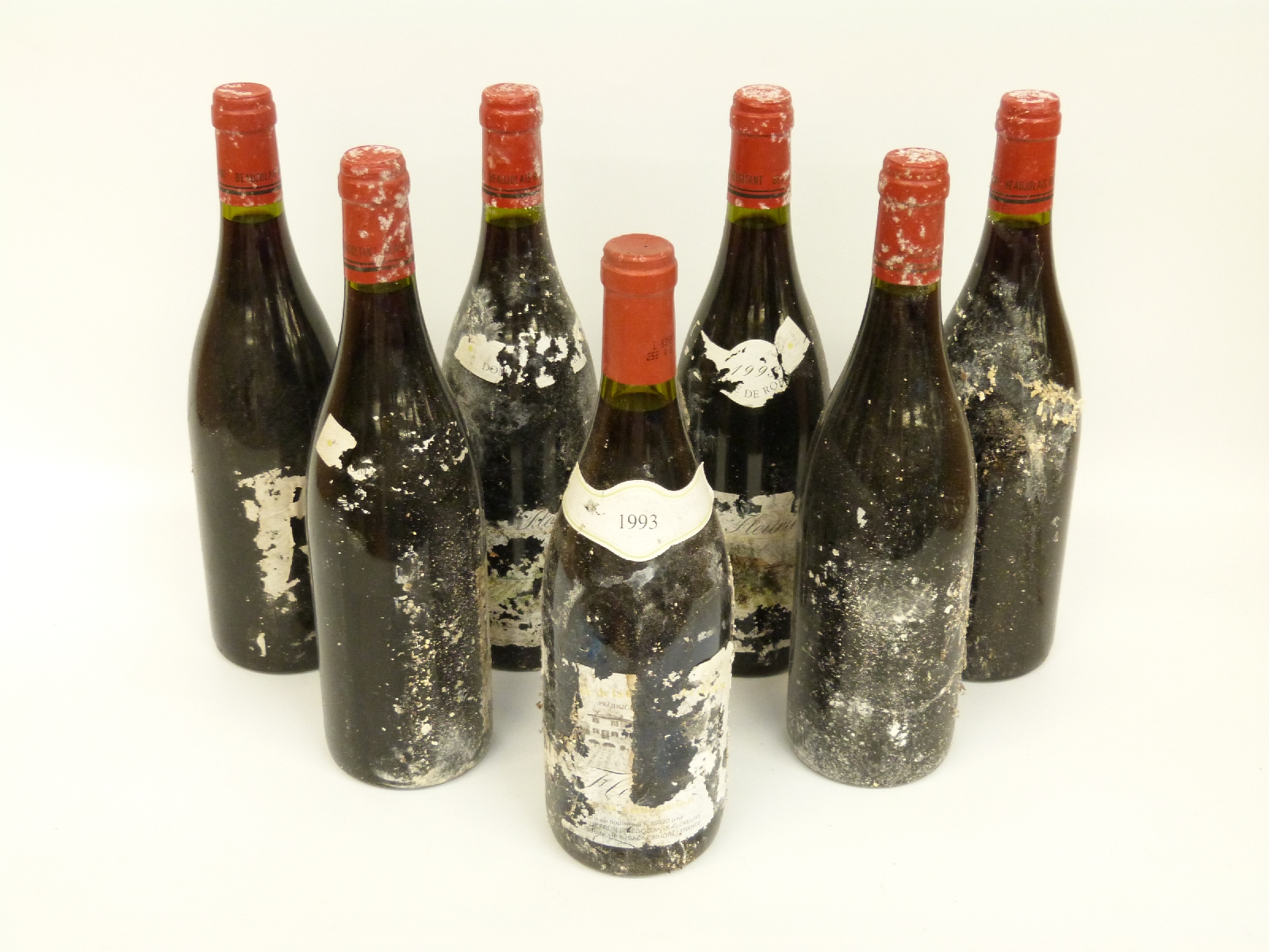 Seven bottles of Fleurie red wine circa 1993 (partial or no labels) all 75cl - Image 2 of 5