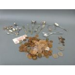 A quantity of largely UK coins and silver plate