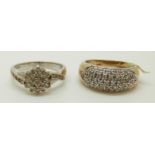 A 9ct white gold ring set with diamonds in a cluster and a 9ct gold ring set with diamonds,