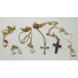 Two 9ct gold crosses with amethysts, four 9ct gold chains, a 9ct gold pendant set with an opal,