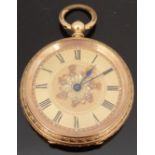 An 18ct gold ladies pocket watch with engraved decoration, Roman numerals and blued hands,