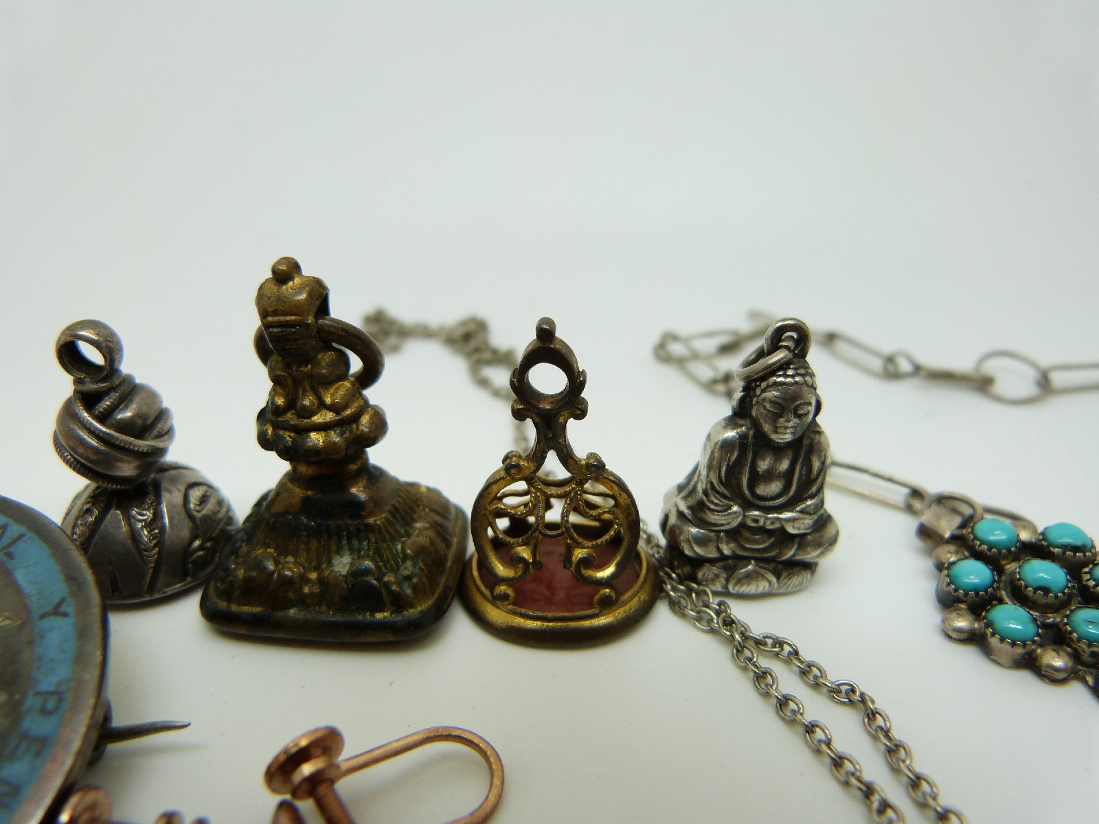 A silver charm in the form of Guanyin, micro mosaic pendant, silver cufflinks, - Image 5 of 7