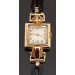 Art Deco style 18ct gold ladies wristwatch with gold hands and Arabic numerals,
