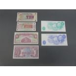 Two Trafalgar experimental banknotes, one blue one green,