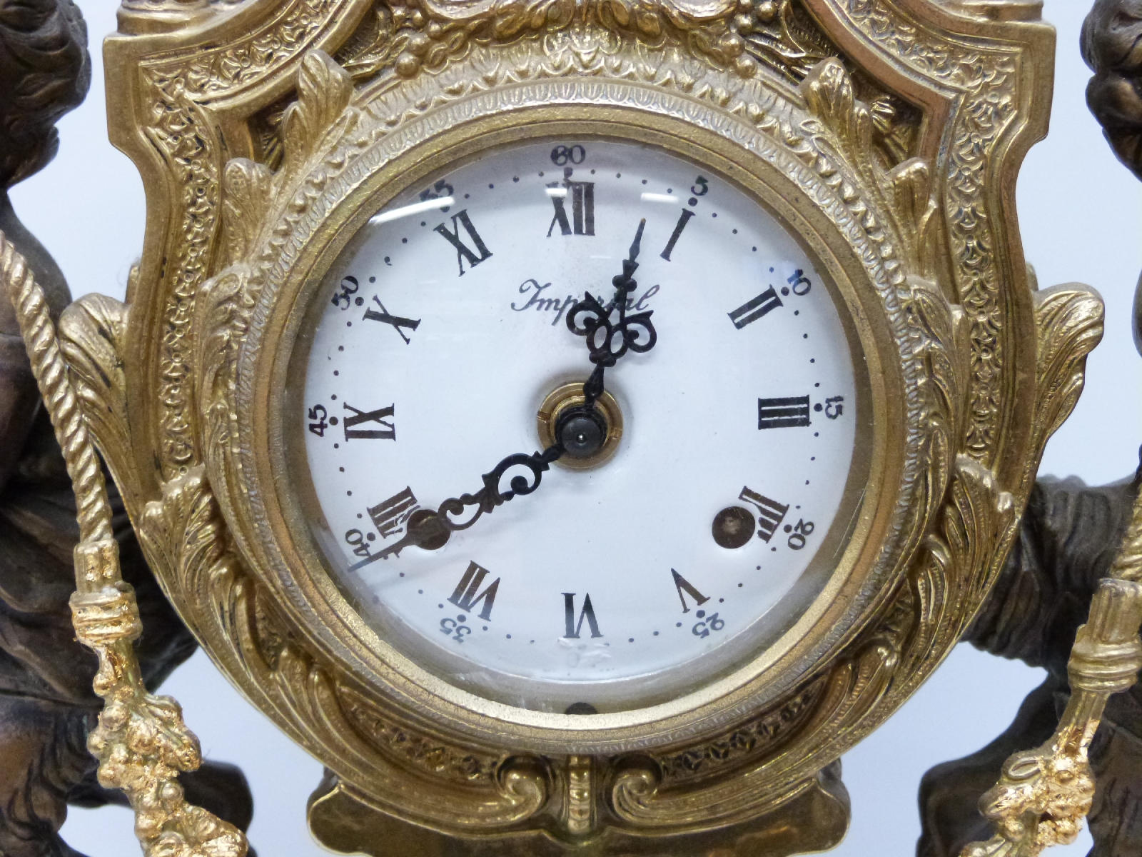 An ormolu and marble French style clock garniture, the German movement striking on a gong, - Image 3 of 3