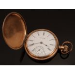Waltham gold plated gentleman's keyless winding full hunter pocket watch with subsidiary seconds