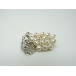 A platinum brooch set with 15 pearls, each with a diamond to the centre,
