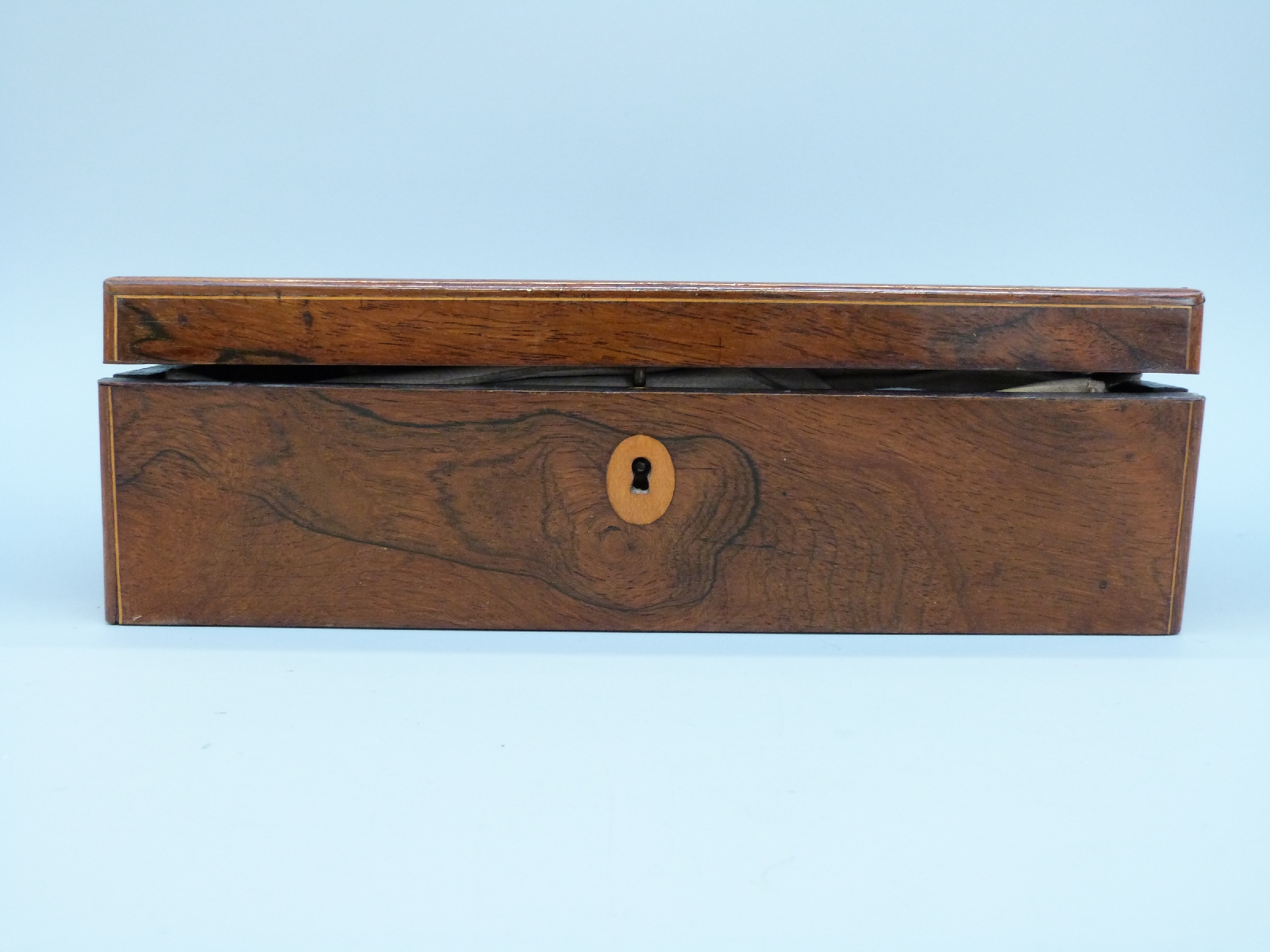 A 19thC French inlaid rosewood glove box with hinged lid and fall flap, - Image 4 of 4