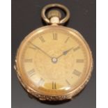 An 18ct gold ladies pocket watch with engraved decoration, Roman numerals and blued hands,