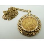 A 1912 gold full sovereign necklace on a 9ct gold chain,