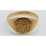 A yellow metal signet ring, 3.