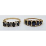 A 9ct gold ring set with five graduated sapphires and a 9ct gold ring set with four sapphires and