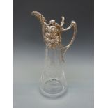 Art Nouveau style silver plate mounted and etched glass claret jug,