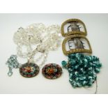 A glass necklace, paste example, micro mosaic brooches,