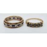 A 9ct gold ring set with alternating sapphires and white sapphires and a 9ct gold ring set with