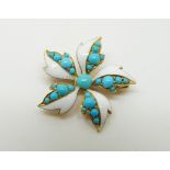 A late 19th/ early 20thC brooch/ pendant set with white enamel and turquoise in a flower design, 2.
