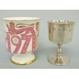 A commemorative feature hallmarked silver goblet and matching china goblet for York centenary,