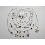 A silver necklace set with pearls, labradorite and rose quartz and matching earrings, silver bangle,