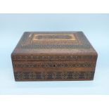 A 19thC Tunbridge ware work/sewing box with fitted interior holding Tunbridge ware pin