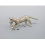 A white metal model of a cat with a kitten in her mouth, length 6.
