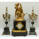 French 19thC figural ormolu and slate mantel clock garniture surmounted by an angel,