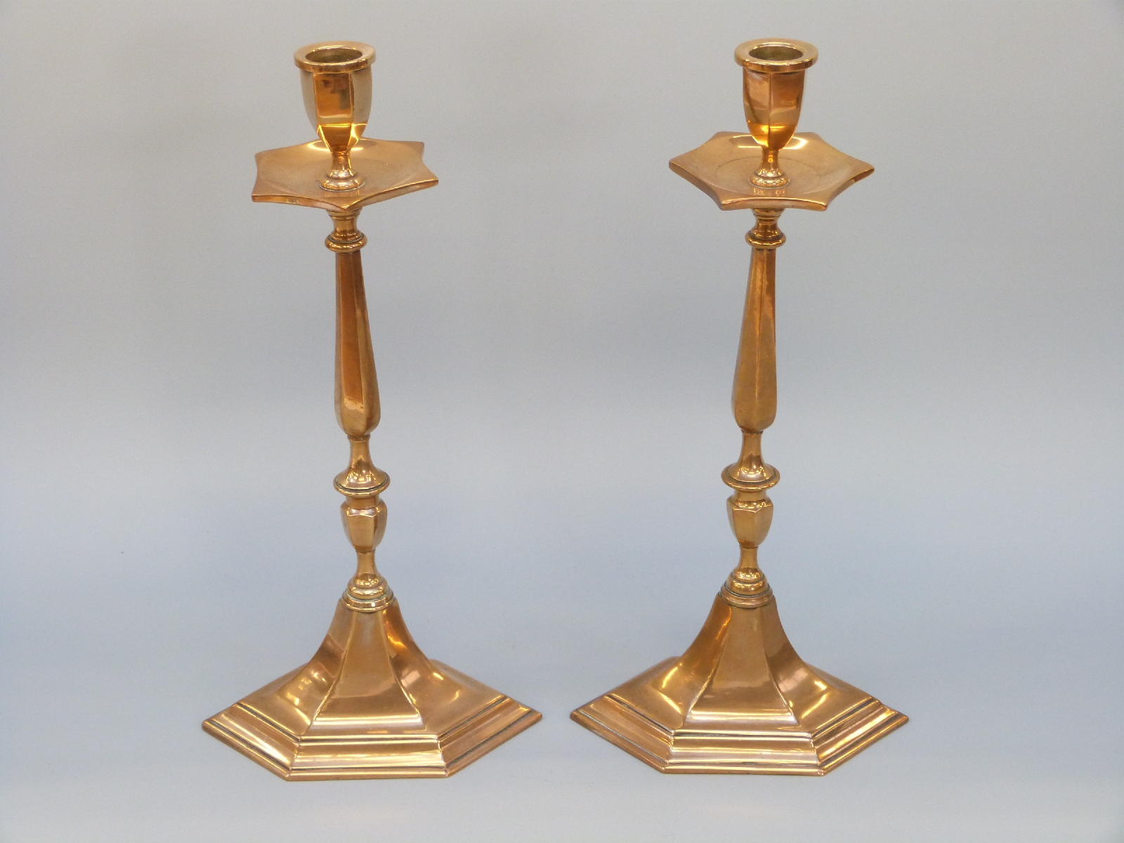 A pair of bronze or similar cast hexagonal candlesticks, - Image 3 of 3