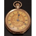 15ct gold ladies keyless winding open faced pocket watch with Roman numerals,