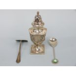 A hallmarked silver pepper or small sugar caster with neoclassical swag decoration, height 13cm,