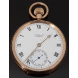 Russells Ltd of Liverpool 9ct gold keyless winding open faced gentleman's pocket watch with