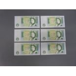 Six mint Bank of England £1 banknotes