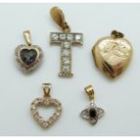 Two 9ct gold heart pendants, one set with diamonds and mystic topaz,