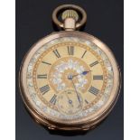 Continental 14ct gold keyless winding open faced gentleman's pocket watch with self coloured dial