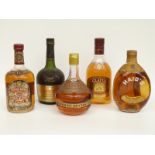 Five bottles of alcohol comprising Haig's dimple whisky, Courvoisier 680ml 40% vol,