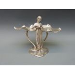 A WMF Art Nouveau pewter figural dish in the form of two water lily leaves,