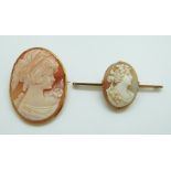 Two 9ct gold brooches set with cameos