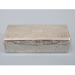 A French white metal table top snuff box with maze effect decoration and vacant cartouche,