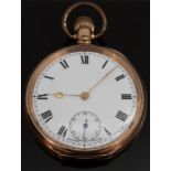 A gold plated keyless winding open faced gentleman's pocket watch with subsidiary seconds dial,