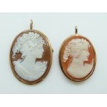 Two 9ct gold brooches/ pendants set with cameos