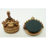 A 9ct gold swivel fob set with blood agate and another 9ct gold ingot / seal set with blood stone