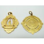 A 9ct gold medallion dated 1920 and a 9ct gold medallion from Brunswick College dated 1895, 13.