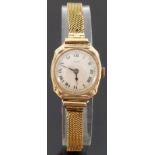 Mappin 9ct gold ladies wristwatch with black hands and Roman numerals, on mesh bracelet,