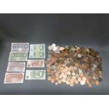 A collection of sundry largely UK coinage, modern crowns, bank notes etc,