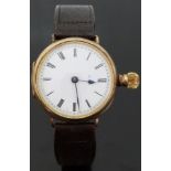 9ct gold gentleman's wristwatch converted from a pocket watch with Roman numerals,