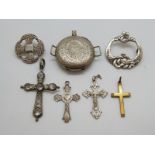 A Scottish silver kilt pin, three silver crosses, gold plated cross,