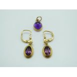 A 9ct gold pendant and earrings set with amethyst