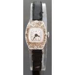 Art Deco platinum ladies cocktail wristwatch with Arabic numerals, black hands and diamond set case,