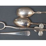 Three various Victorian and later hallmarked silver teaspoons including a twig handled example and