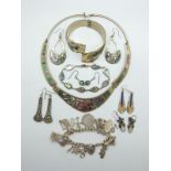 A suite of silver jewellery set with abalone marked Alpaca to Mexico , silver charm bracelet,